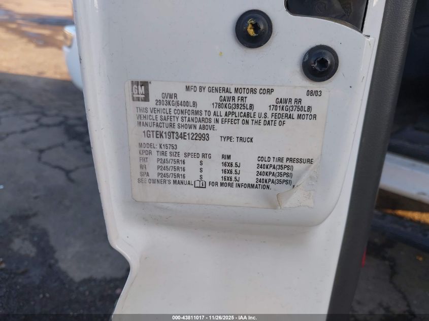 2004 GMC Sierra 1500 Sle VIN: 1GTEK19T34E122993 Lot: 43811017