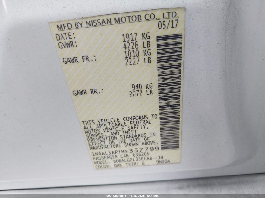 2017 Nissan Altima 2.5 S VIN: 1N4AL3AP7HN357799 Lot: 43811018