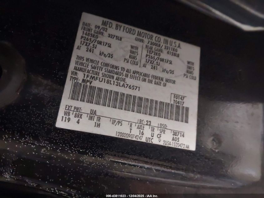 2003 Ford Expedition Eddie Bauer VIN: 1FMFU18L13LA76571 Lot: 43811023