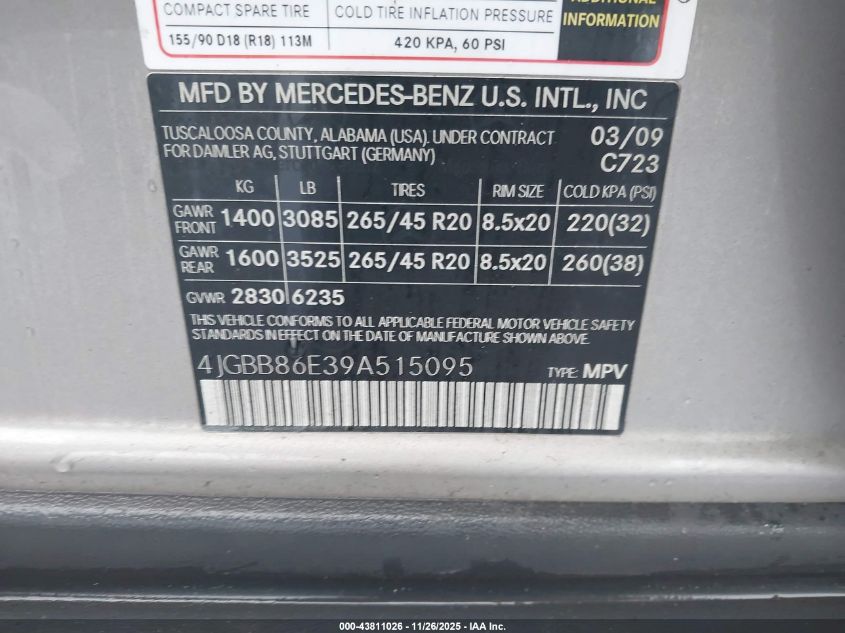 2009 Mercedes-Benz Ml 350 4Matic VIN: 4JGBB86E39A515095 Lot: 43811026
