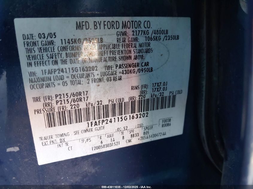 2005 Ford Five Hundred Sel VIN: 1FAFP24115G163202 Lot: 43811035