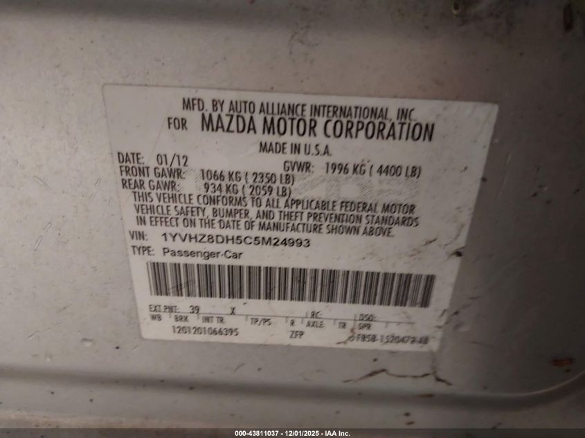 2012 Mazda Mazda6 I Touring VIN: 1YVHZ8DH5C5M24993 Lot: 43811037