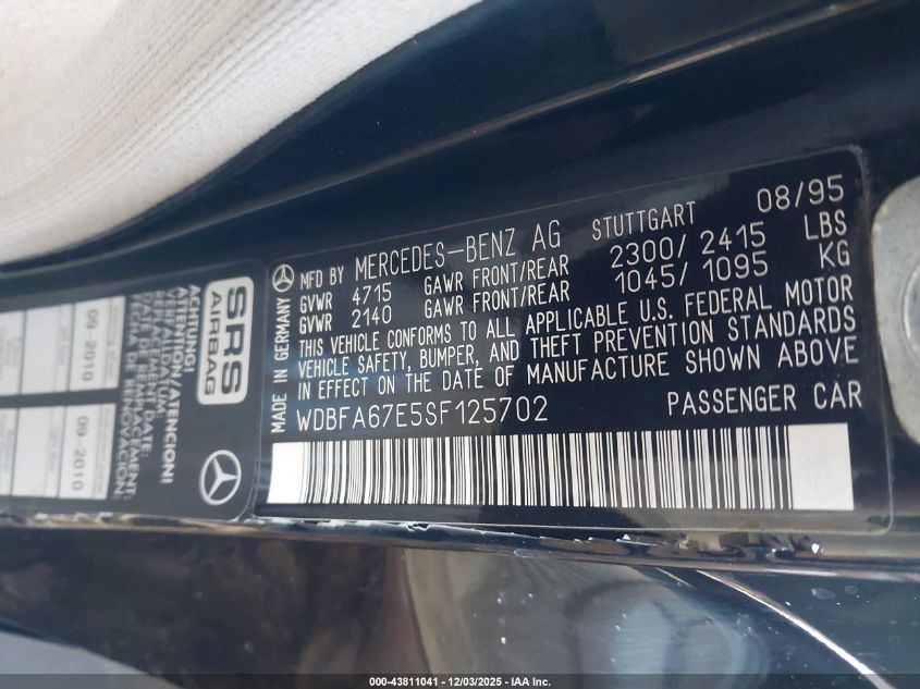 1995 Mercedes-Benz Sl 500 VIN: WDBFA67E5SF125702 Lot: 43811041