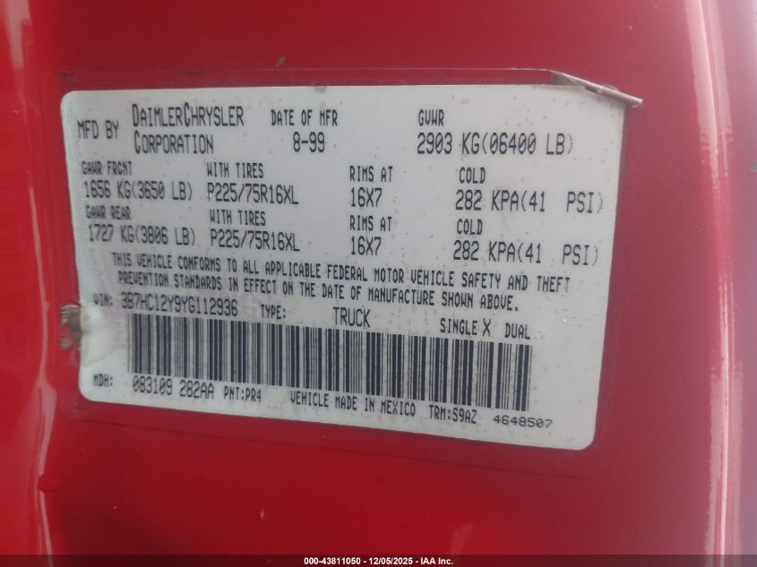 2000 Dodge Ram 1500 St VIN: 3B7HC12Y9YG112936 Lot: 43811050