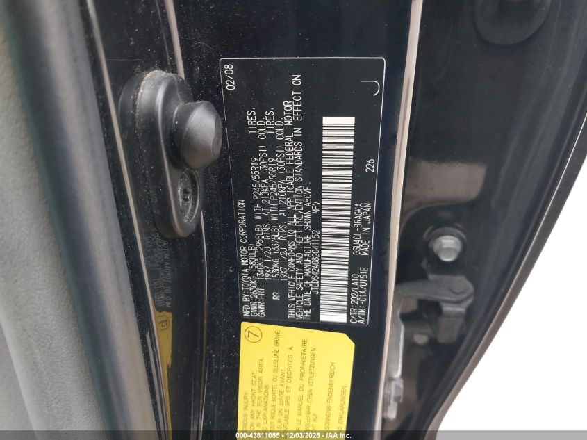 2008 Toyota Highlander Limited VIN: JTEDS42A082041152 Lot: 43811055