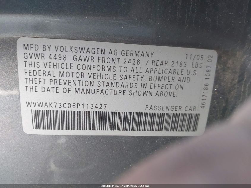 2006 Volkswagen Passat 2.0T VIN: WVWAK73C06P113427 Lot: 43811057