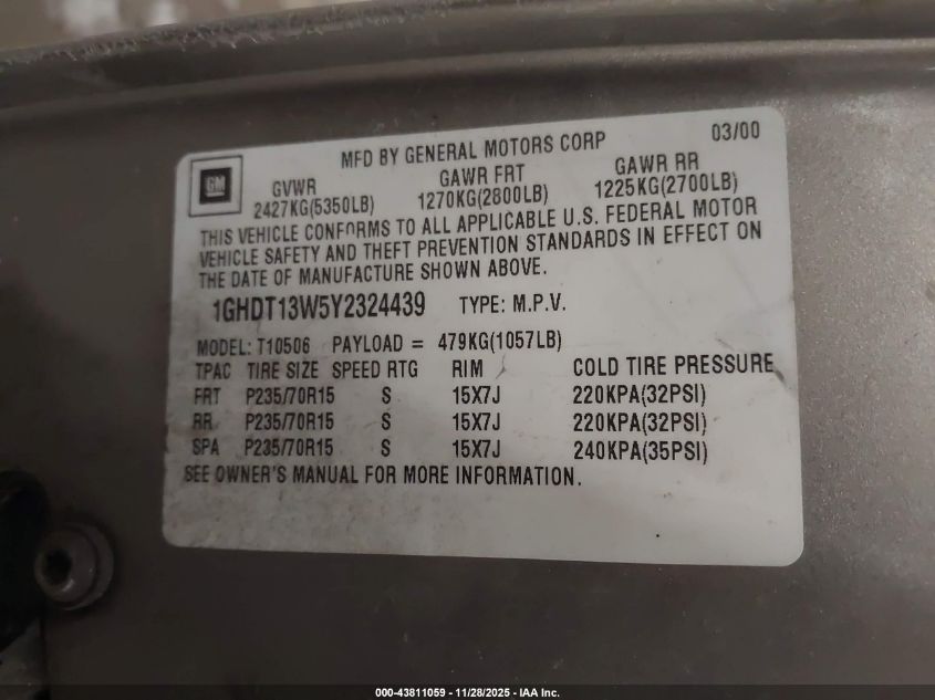 2000 Oldsmobile Bravada VIN: 1GHDT13W5Y2324439 Lot: 43811059