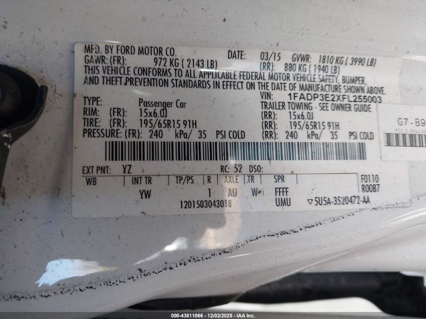 2015 Ford Focus S VIN: 1FADP3E2XFL255003 Lot: 43811066