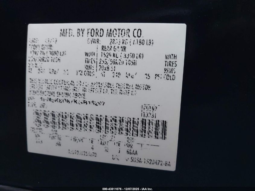 2019 Ford Explorer Xlt VIN: 1FM5K8D87KGB16297 Lot: 43811076