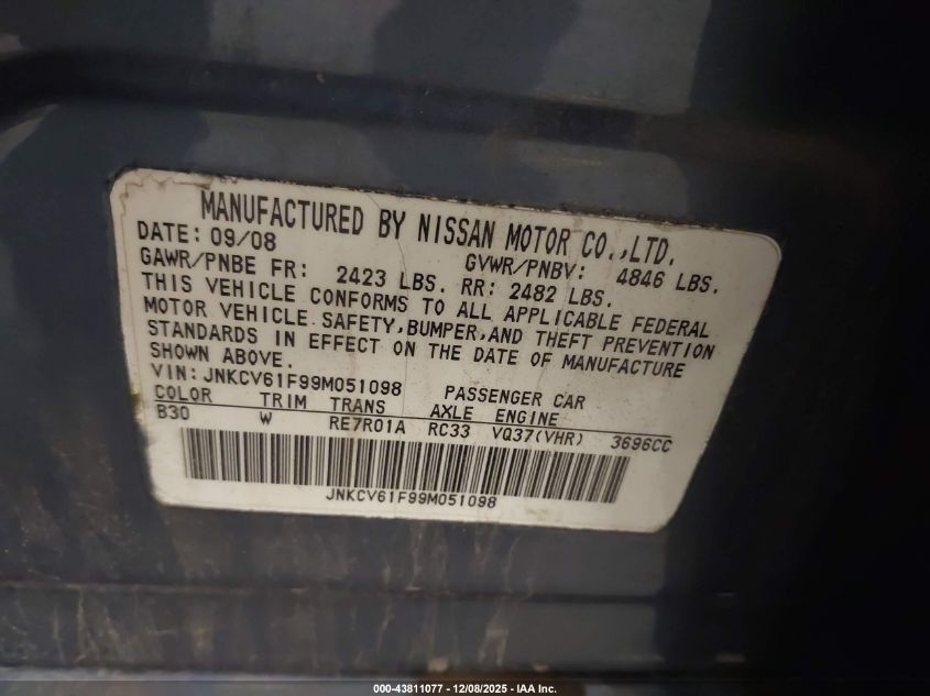 2009 Infiniti G37X VIN: JNKCV61F99M051098 Lot: 43811077