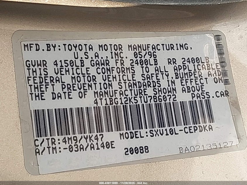 4T1BG12K5TU786072 1996 TOYOTA CAMRY photo no. 9