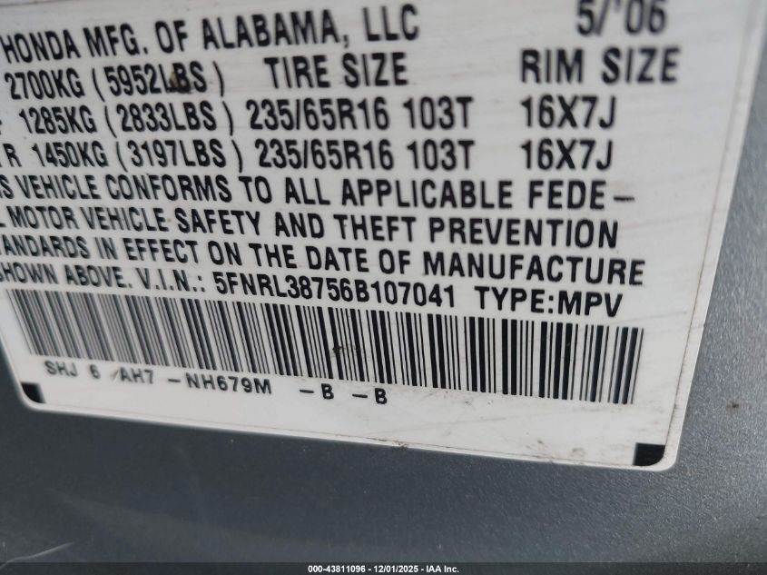 2006 Honda Odyssey Ex-L VIN: 5FNRL38756B107041 Lot: 43811096