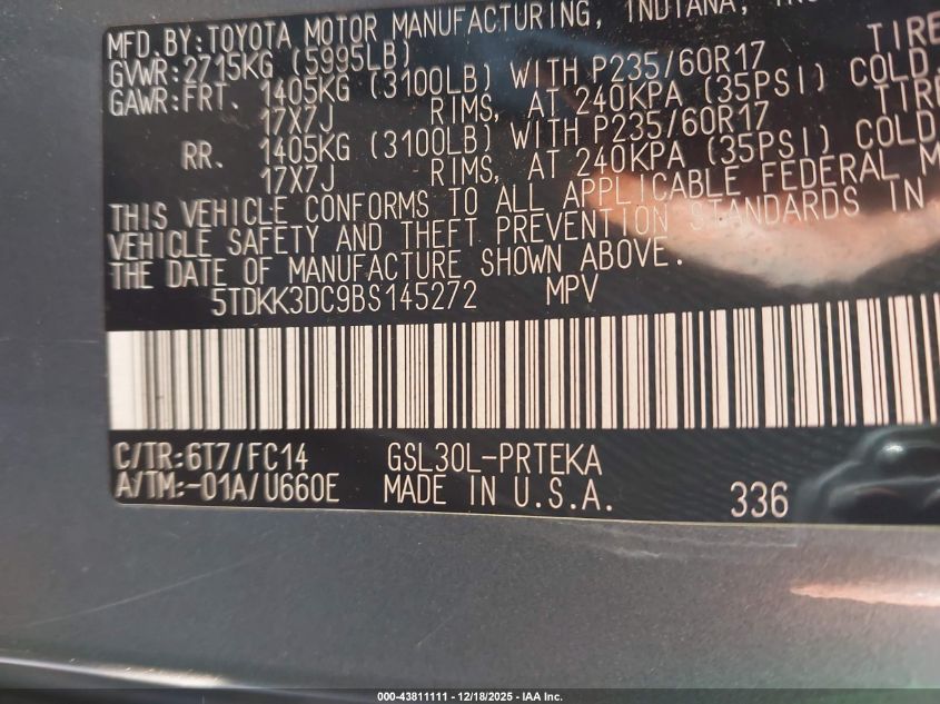 2011 Toyota Sienna Le V6 VIN: 5TDKK3DC9BS145272 Lot: 43811111