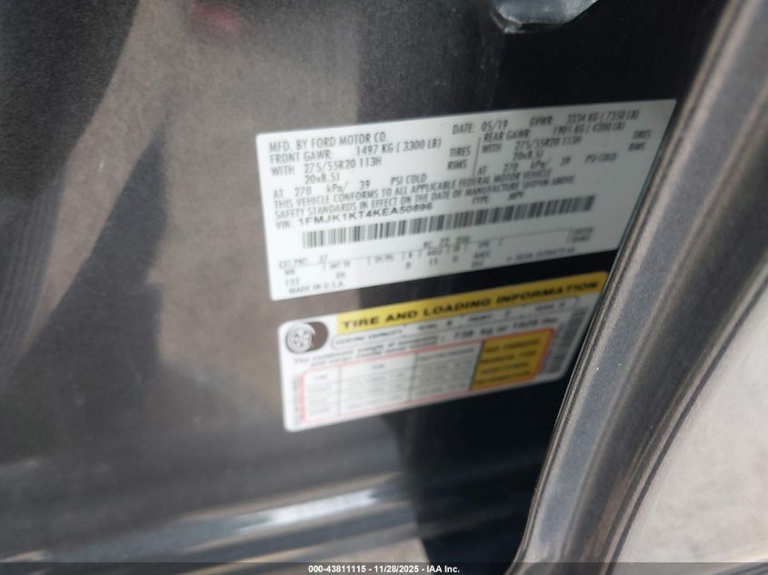 2019 Ford Expedition Max Limited VIN: 1FMJK1KT4KEA50896 Lot: 43811115