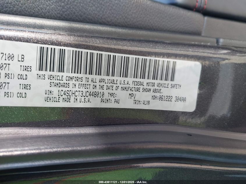 2018 Dodge Durango R/T Rwd VIN: 1C4SDHCT3JC448010 Lot: 43811121