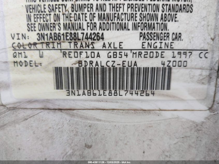 2008 Nissan Sentra 2.0 VIN: 3N1AB61E88L744264 Lot: 43811126