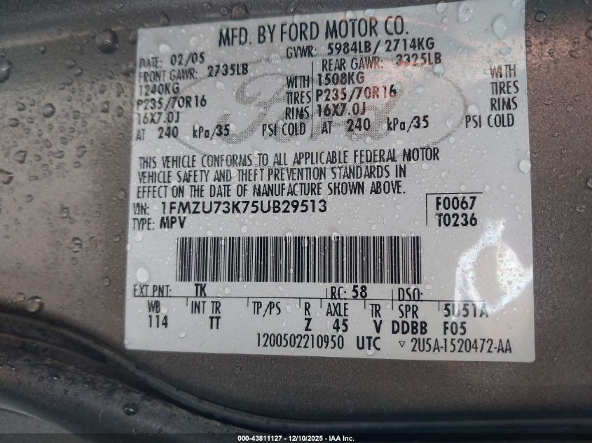 2005 Ford Explorer Xlt/Xlt Sport VIN: 1FMZU73K75UB29513 Lot: 43811127
