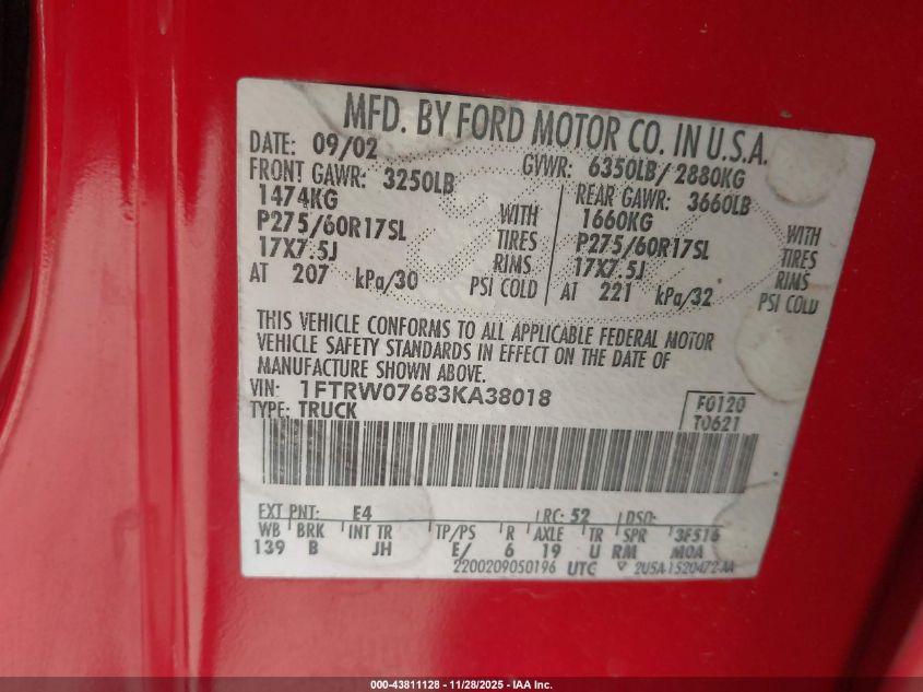 2003 Ford F-150 Lariat/Xlt VIN: 1FTRW07683KA38018 Lot: 43811128