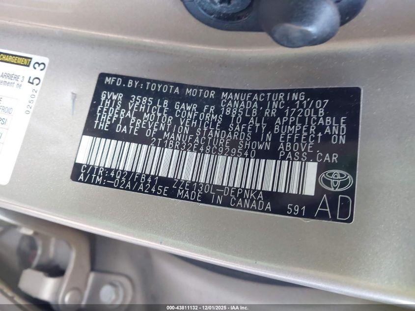 2008 Toyota Corolla Le VIN: 2T1BR32E48C929540 Lot: 43811132