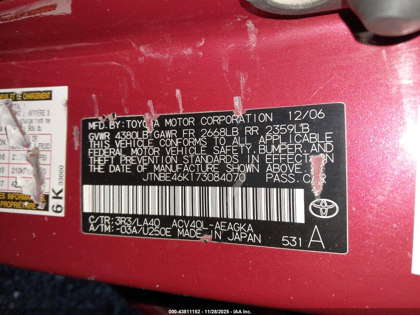 2007 Toyota Camry Xle VIN: JTNBE46K173084070 Lot: 43811152