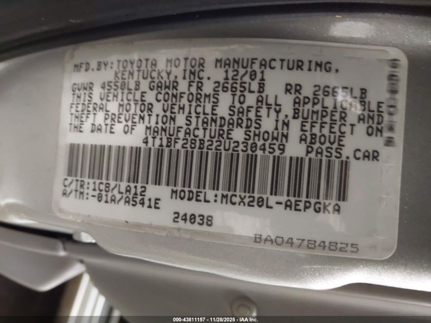 2002 Toyota Avalon Xls VIN: 4T1BF28B22U230459 Lot: 43811157