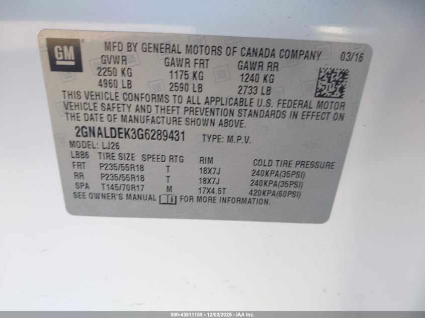 2016 Chevrolet Equinox Ltz VIN: 2GNALDEK3G6289431 Lot: 43811159