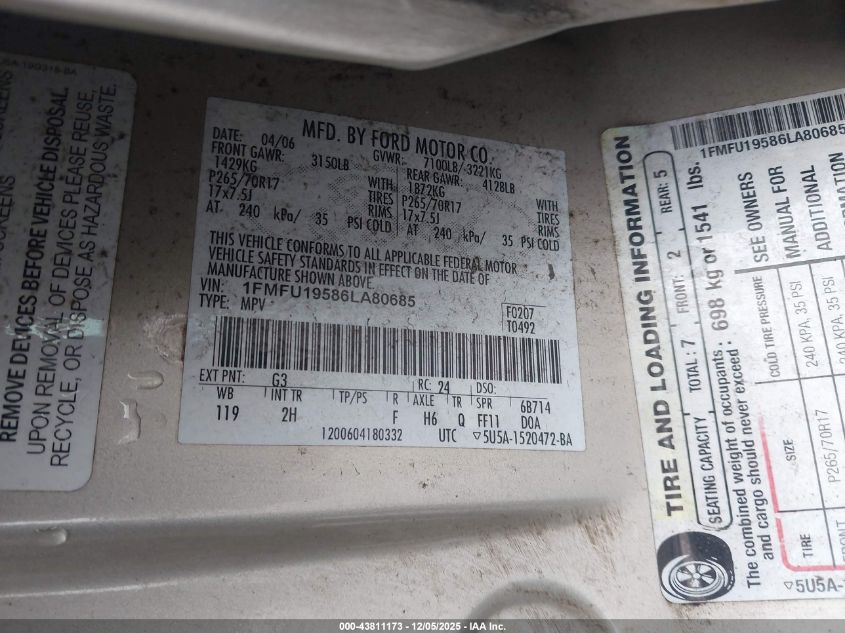 2006 Ford Expedition Limited VIN: 1FMFU19586LA80685 Lot: 43811173