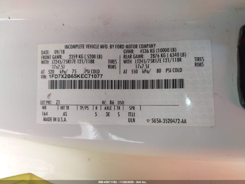 2019 Ford F-250 Xl VIN: 1FD7X2B65KEC71077 Lot: 43811182