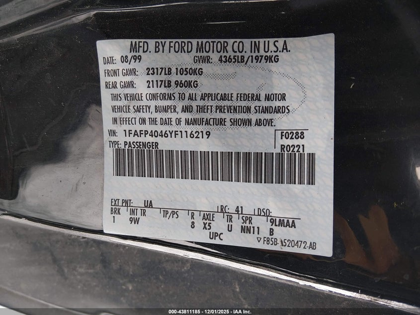 2000 Ford Mustang VIN: 1FAFP4046YF116219 Lot: 43811185