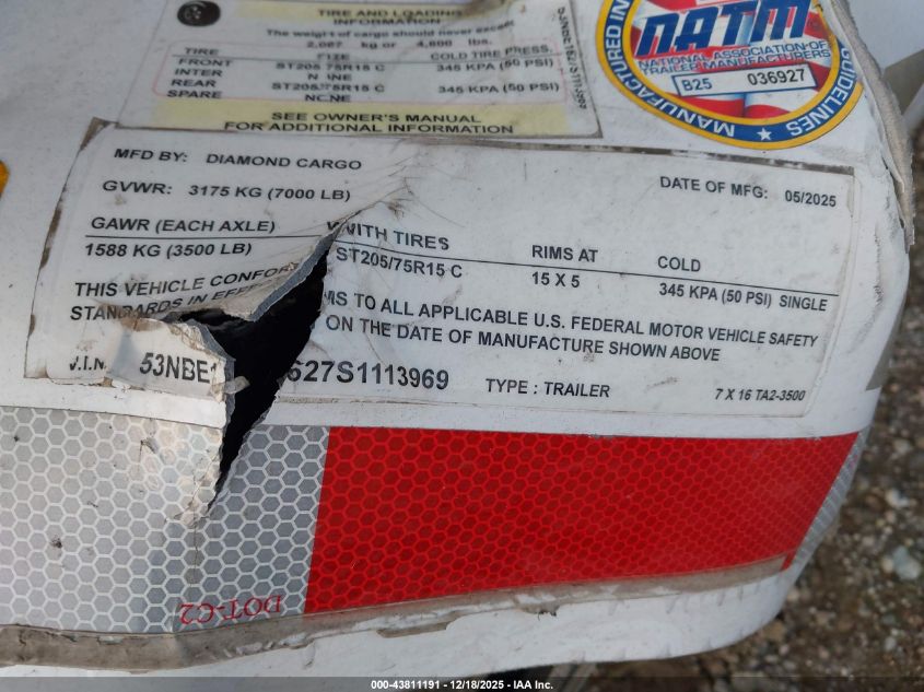 2025 Miscellaneous Equipment Diamond Builders Inc. VIN: 53NBE1627S1113969 Lot: 43811191