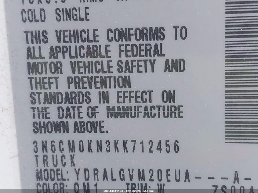 2019 Nissan Nv200 Sv VIN: 3N6CM0KN3KK712456 Lot: 43811193