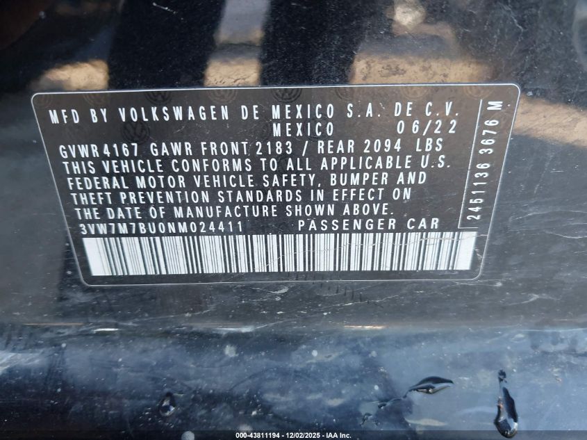 2022 Volkswagen Jetta 1.5T Se VIN: 3VW7M7BU0NM024411 Lot: 43811194