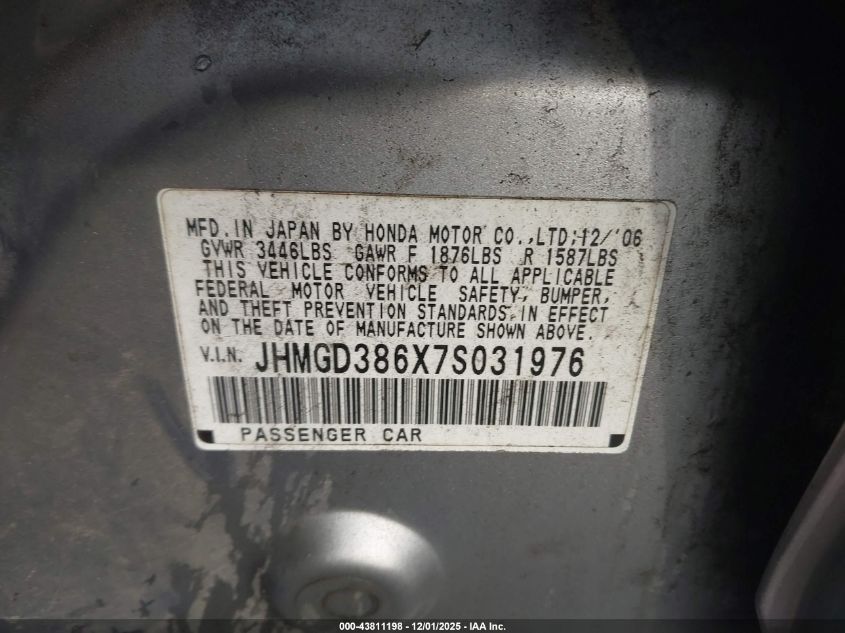 2007 Honda Fit Sport VIN: JHMGD386X7S031976 Lot: 43811198