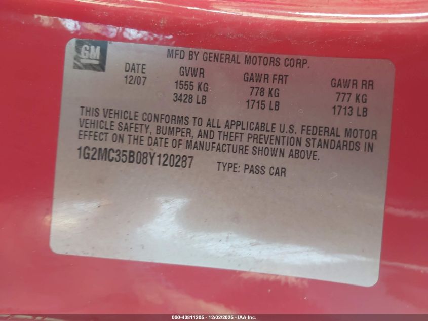 2008 Pontiac Solstice VIN: 1G2MC35B08Y120287 Lot: 43811205