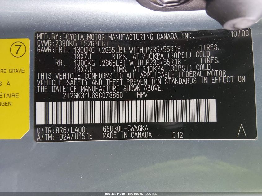 2009 Lexus Rx 350 VIN: 2T2GK31U69C078860 Lot: 43811209