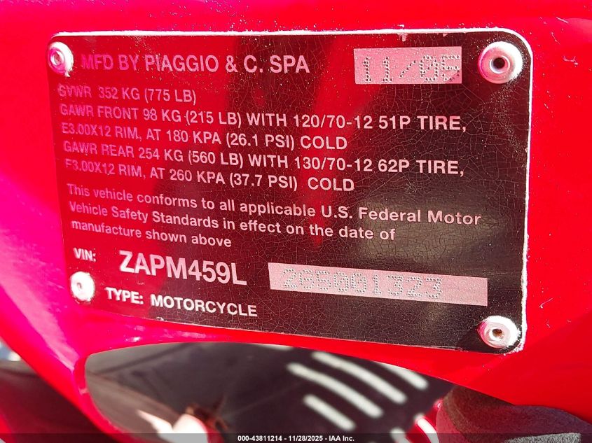 2006 Vespa Gts 250 VIN: ZAPM459L265001323 Lot: 43811214