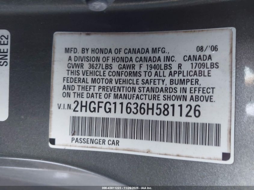 2006 Honda Civic Lx VIN: 2HGFG11636H581126 Lot: 43811223