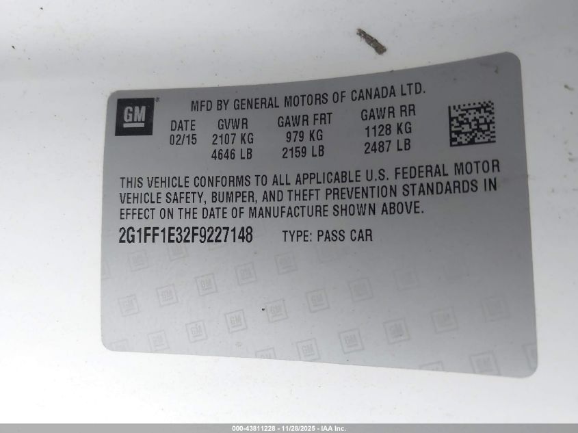 2015 Chevrolet Camaro 2Lt VIN: 2G1FF1E32F9227148 Lot: 43811228