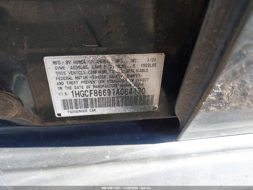 2001 Honda Accord Value Package VIN: 1HGCF86691A064170 Lot: 43811251