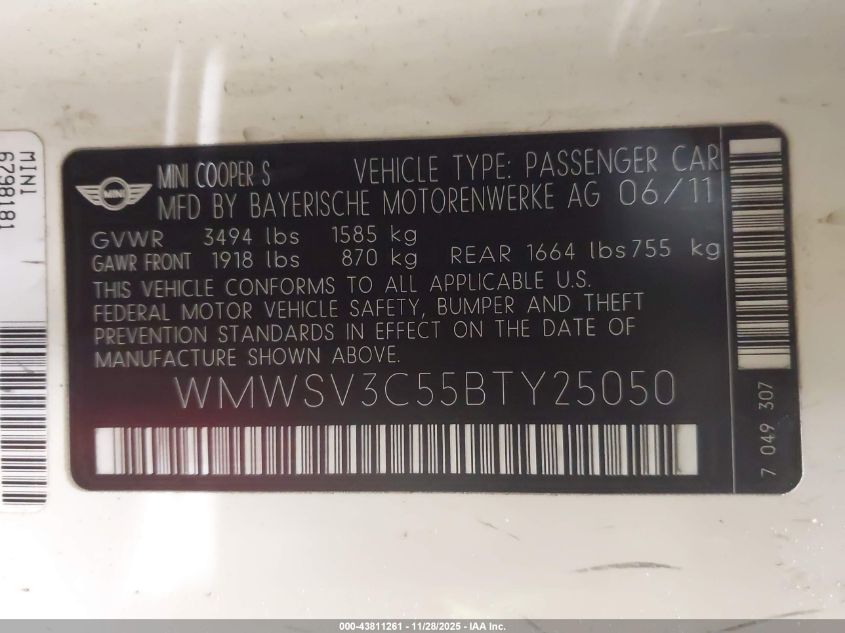 2011 Mini Cooper S VIN: WMWSV3C55BTY25050 Lot: 43811261