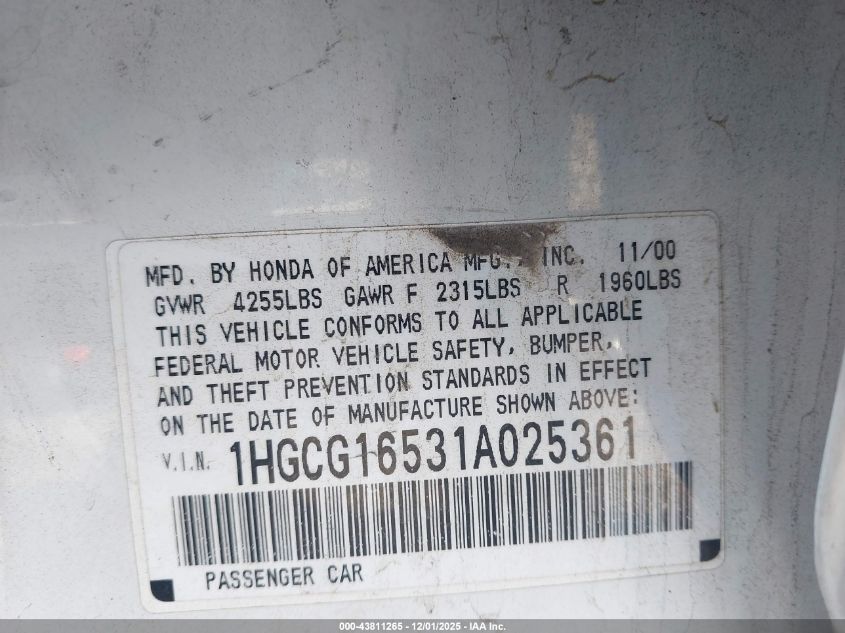 2001 Honda Accord 3.0 Ex VIN: 1HGCG16531A025361 Lot: 43811265