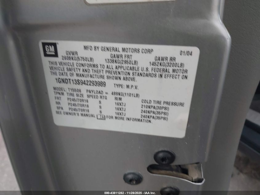 2005 Chevrolet Trailblazer VIN: 1GNDT135942293989 Lot: 43811282