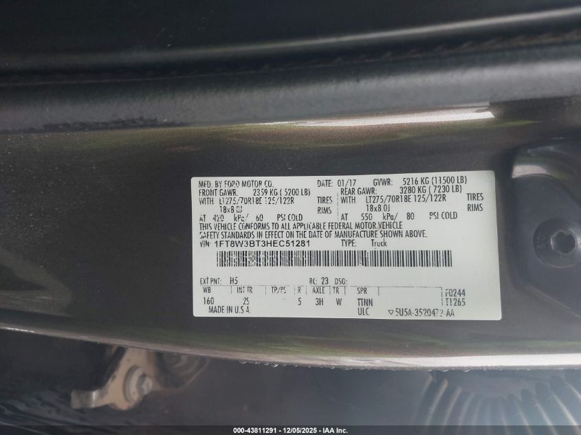 2017 Ford F-350 Xlt VIN: 1FT8W3BT3HEC51281 Lot: 43811291