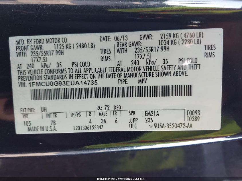 2014 Ford Escape Se VIN: 1FMCU0G93EUA14735 Lot: 43811296