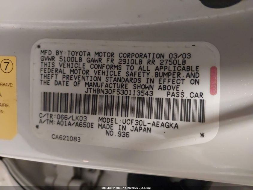 2003 Lexus Ls 430 VIN: JTHBN30F530113543 Lot: 43811303