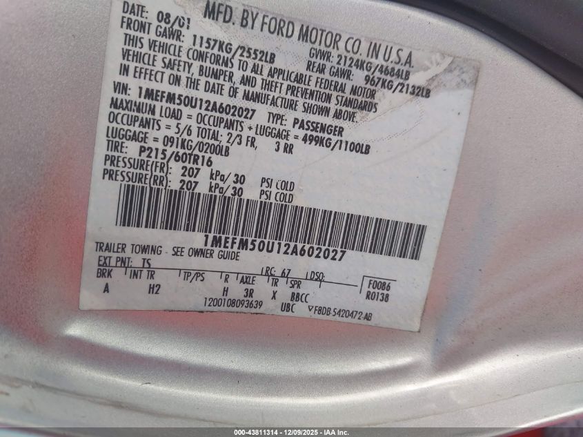 2002 Mercury Sable Gs VIN: 1MEFM50U12A602027 Lot: 43811314