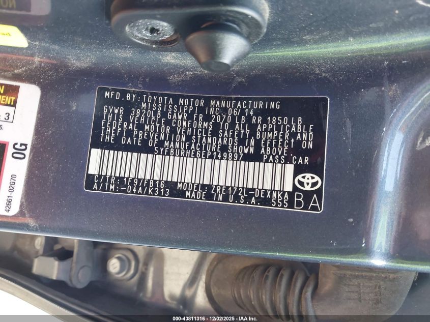 2014 Toyota Corolla Le VIN: 5YFBURHE6EP149897 Lot: 43811316