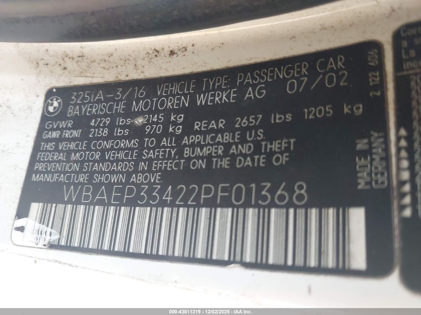 2002 BMW 325Xit VIN: WBAEP33422PF01368 Lot: 43811319