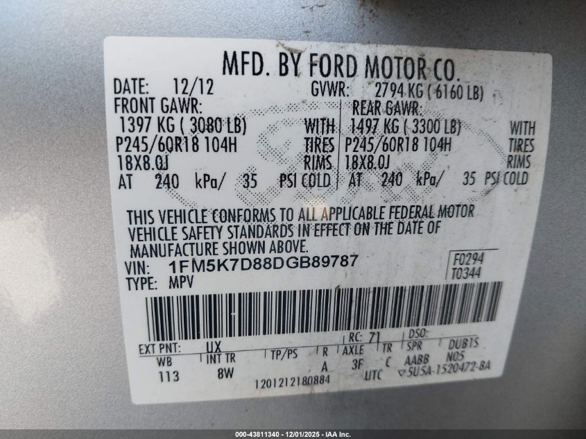 2013 Ford Explorer Xlt VIN: 1FM5K7D88DGB89787 Lot: 43811340