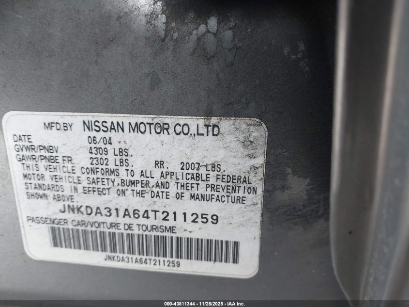 2004 Infiniti I35 Luxury VIN: JNKDA31A64T211259 Lot: 43811344